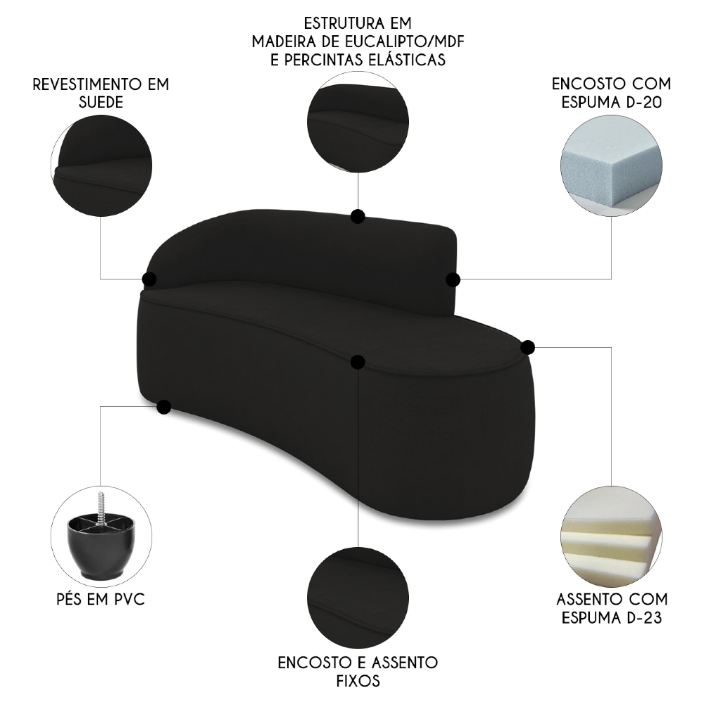 Sofá 3 Lugares Para Sala 180cm Orgânico Wendi Suede Preto I01  - Mpozenato