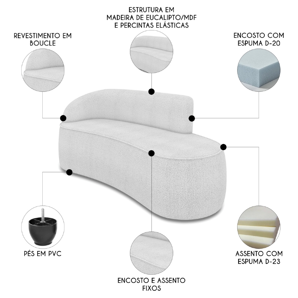 Sofá 3 Lugares Para Sala 180cm Orgânico Wendi Boucle Cinza I01  - Mpozenato