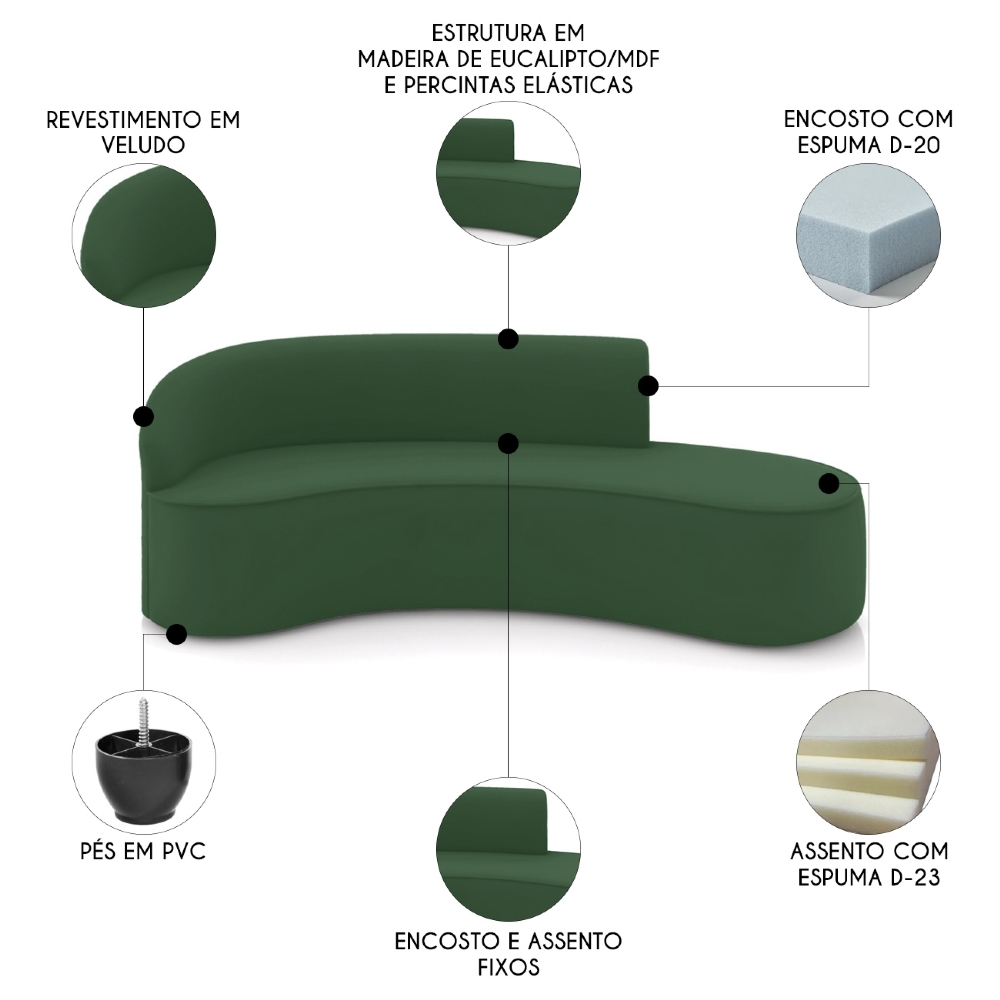 Sofá 4 Lugares Para Sala 220cm Orgânico Wendi Veludo Verde I01  - Mpozenato