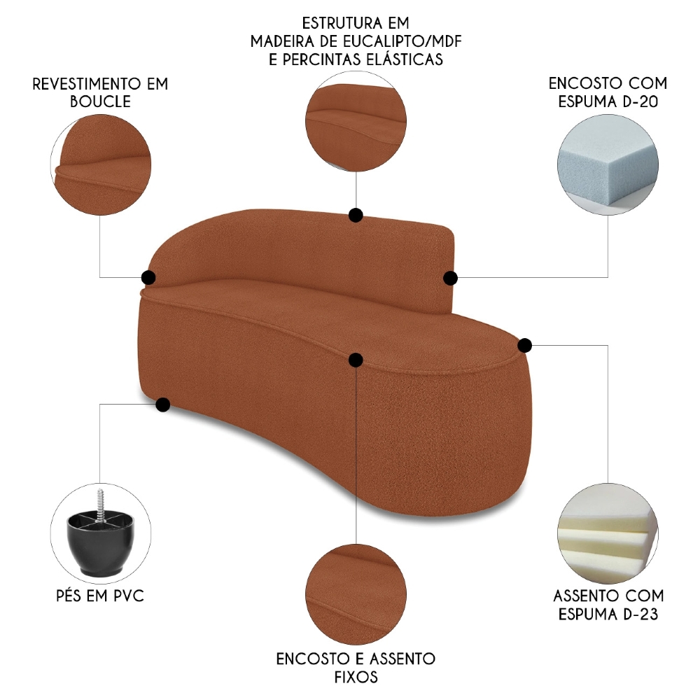 Sofá 3 Lugares Para Sala 180cm Orgânico Wendi Boucle Terracota I01  - Mpozenato