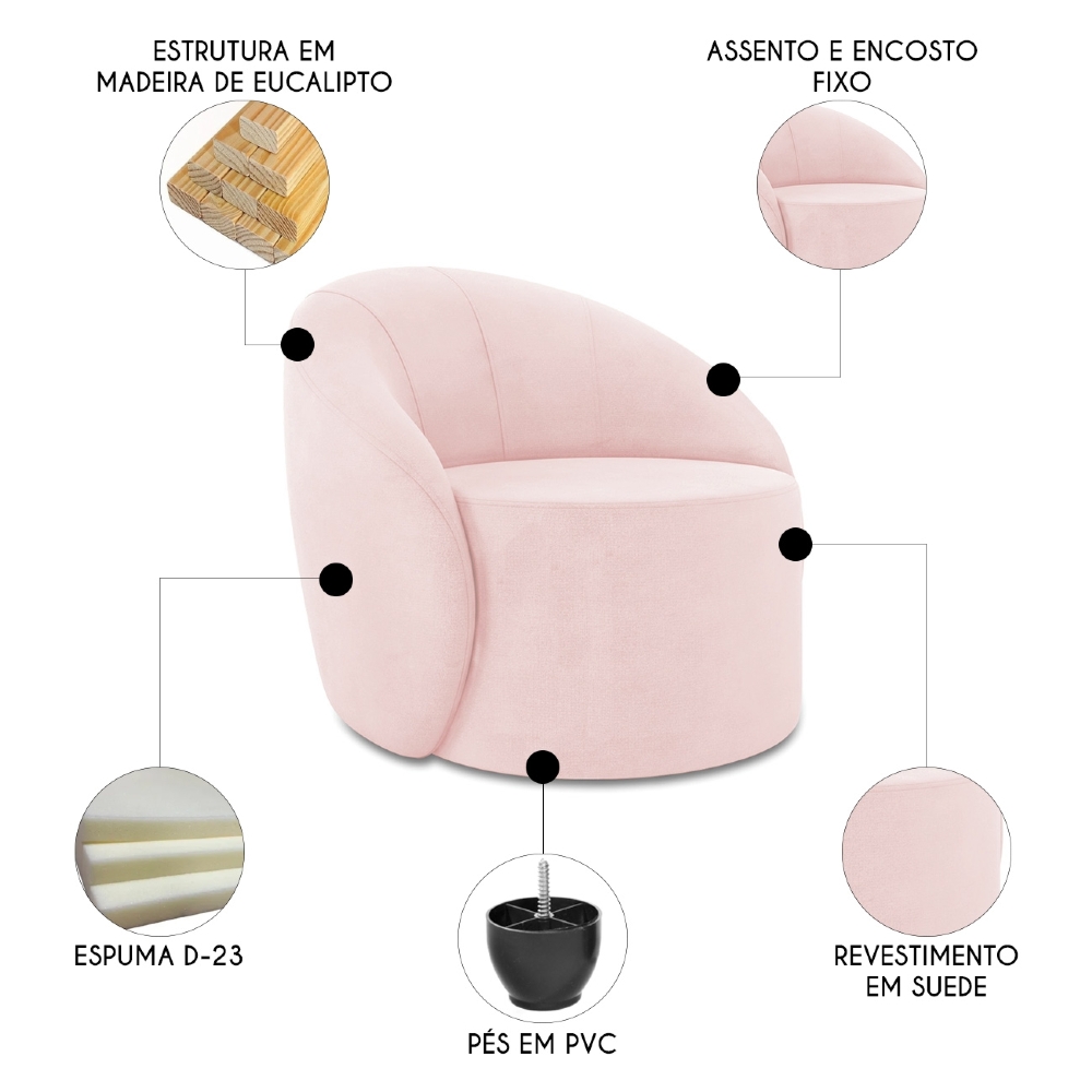 Sofá 2 Lugares 140cm Wendi e Poltrona Steve Suede Rosa Bebê I01  - Mpozenato