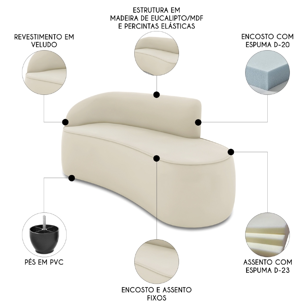 Sofá 3 Lugares Para Sala 180cm Orgânico Wendi Veludo Bege I01  - Mpozenato