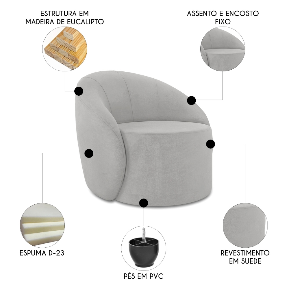 Sofá 4 Lugares 220cm Wendi e Poltrona Steve Suede Cinza I01  - Mpozenato