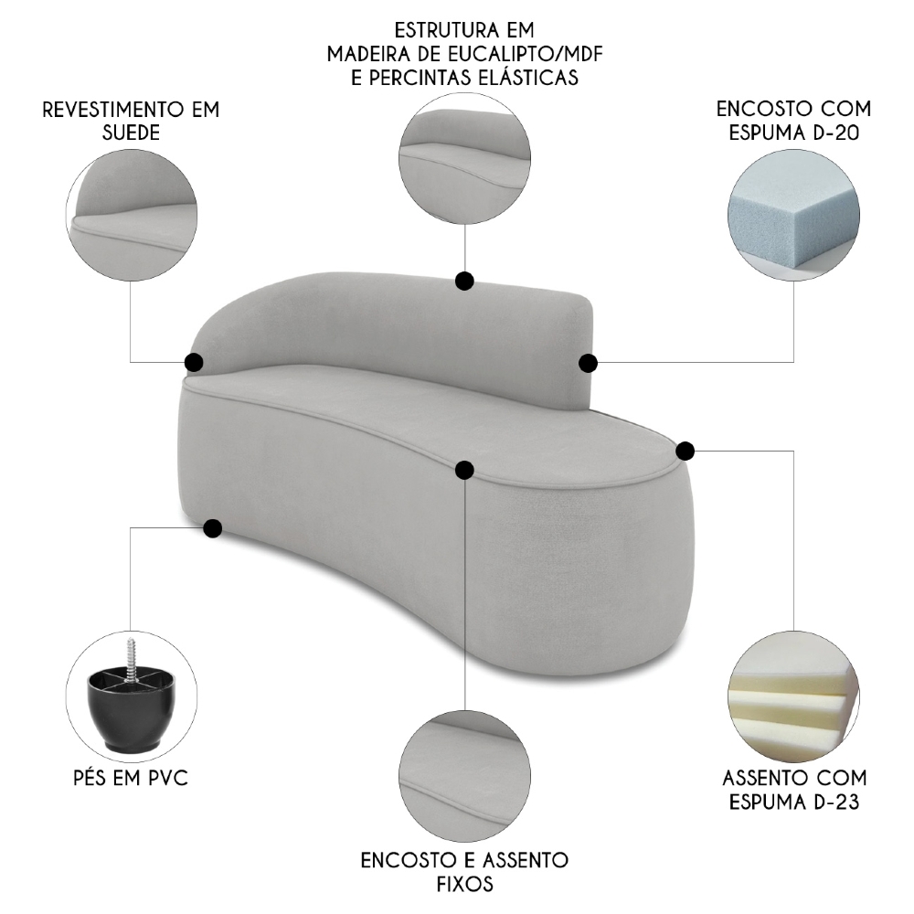 Sofá 4 Lugares 220cm Wendi e Poltrona Steve Suede Cinza I01  - Mpozenato