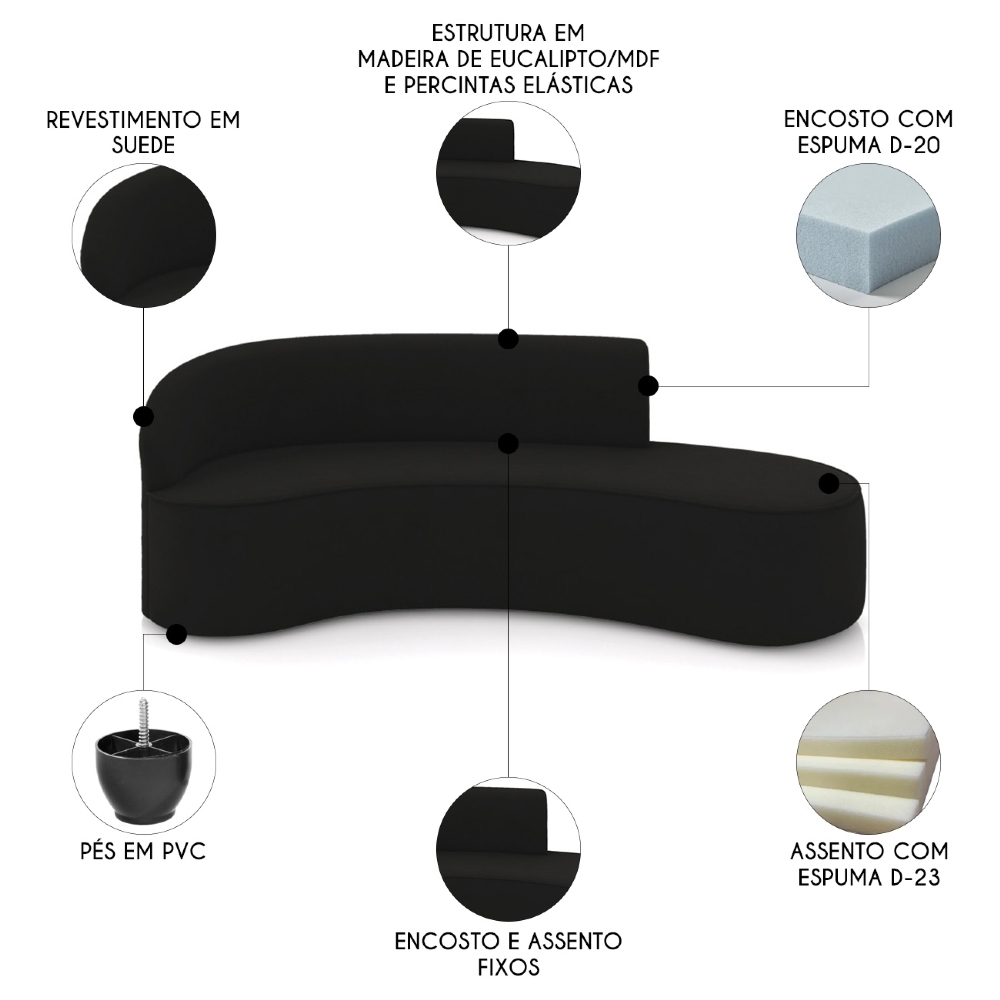 Sofá 4 Lugares Para Sala 220cm Orgânico Wendi Suede Preto I01  - Mpozenato
