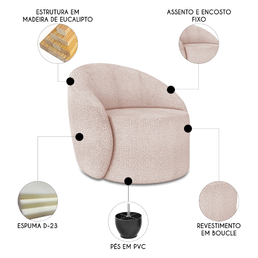 Sofá 2 Lugares 140cm Wendi e Poltrona Steve Boucle Rose I01  - Mpozenato