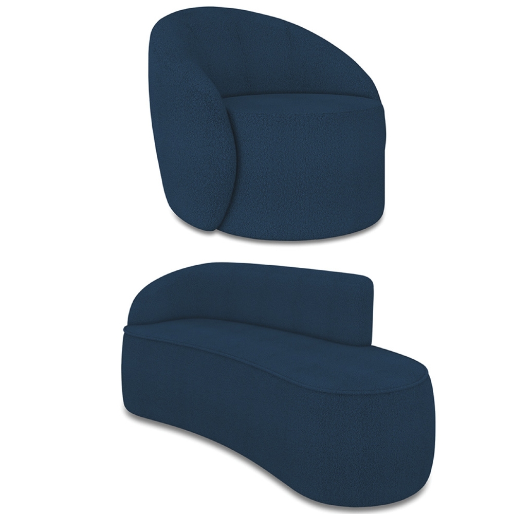 Sofá 2 Lugares 140cm Wendi e Poltrona Steve Boucle Azul I01  - Mpozenato