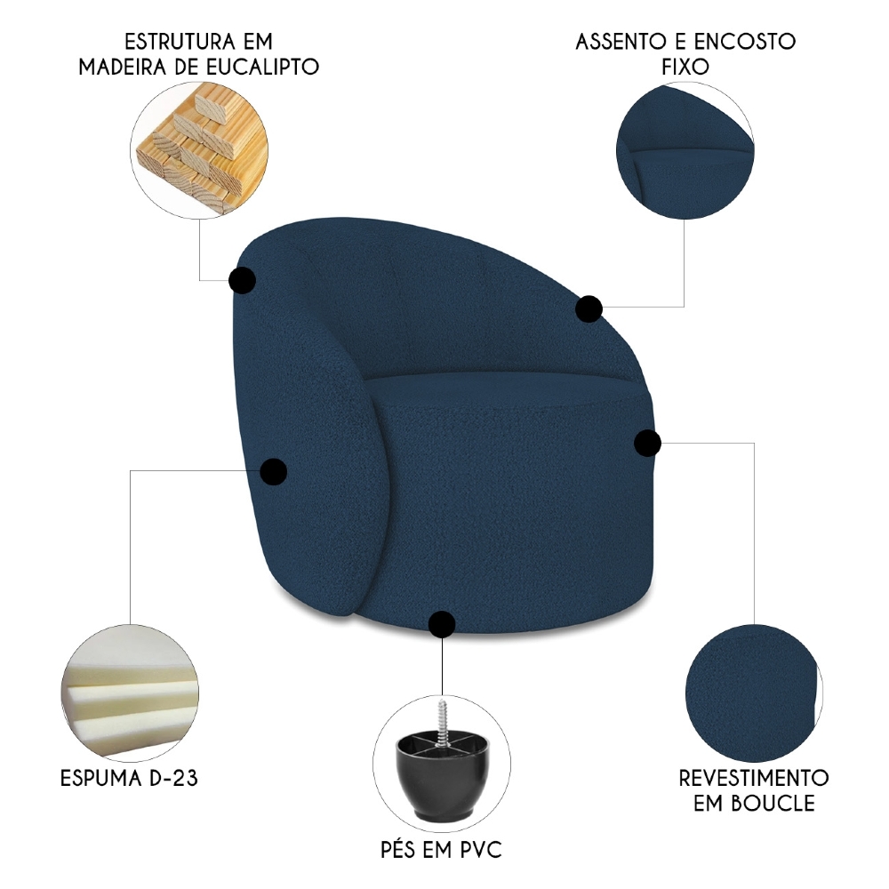 Sofá 2 Lugares 140cm Wendi e Poltrona Steve Boucle Azul I01  - Mpozenato