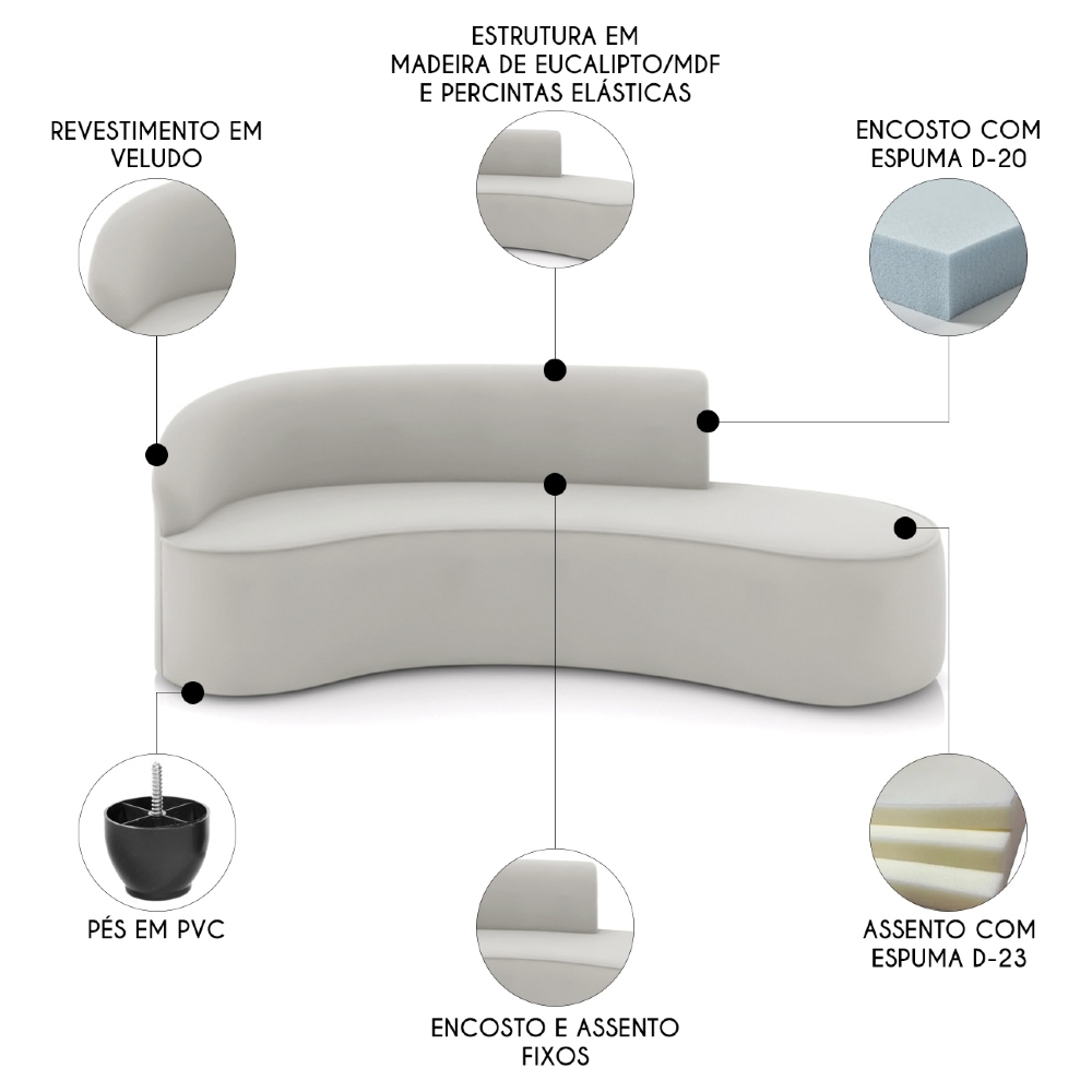 Sofá 4 Lugares Para Sala 220cm Orgânico Wendi Veludo Cinza I01  - Mpozenato