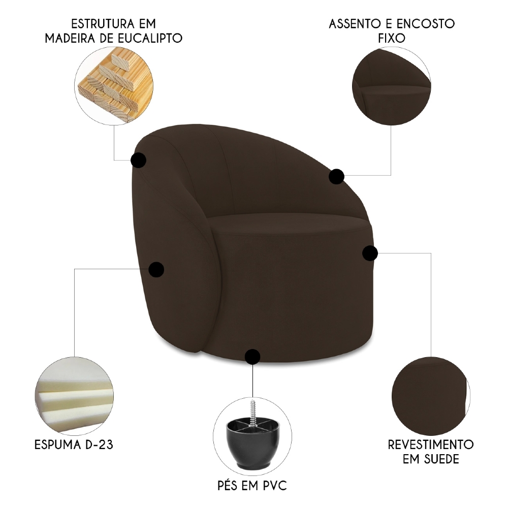 Sofá 3 Lugares 180cm Wendi e Poltrona Steve Suede Marrom I01  - Mpozenato