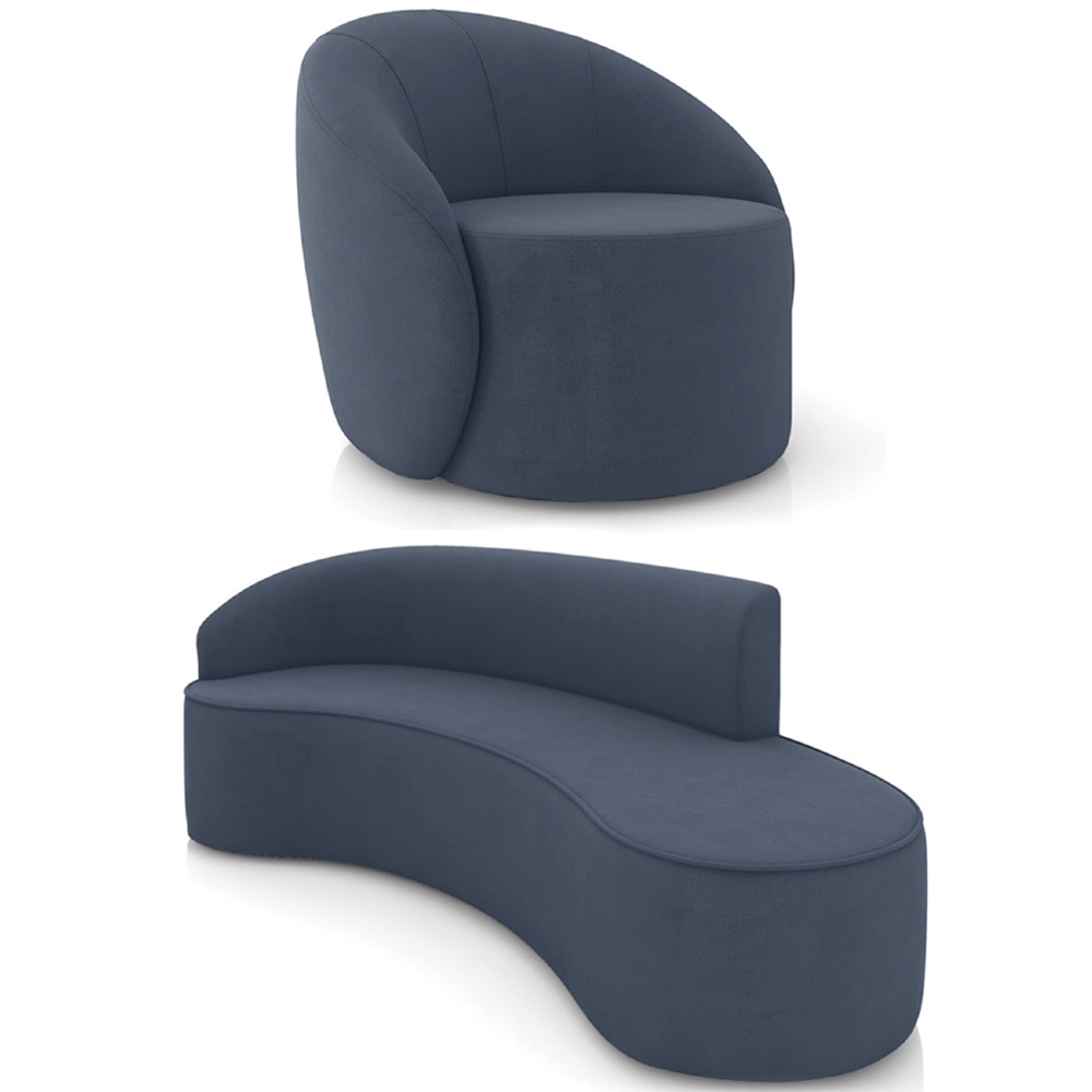 Sofá 4 Lugares 220cm Wendi e Poltrona Steve Suede Azul Marinho I01  - Mpozenato