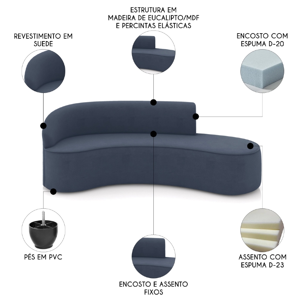 Sofá 4 Lugares 220cm Wendi e Poltrona Steve Suede Azul Marinho I01  - Mpozenato