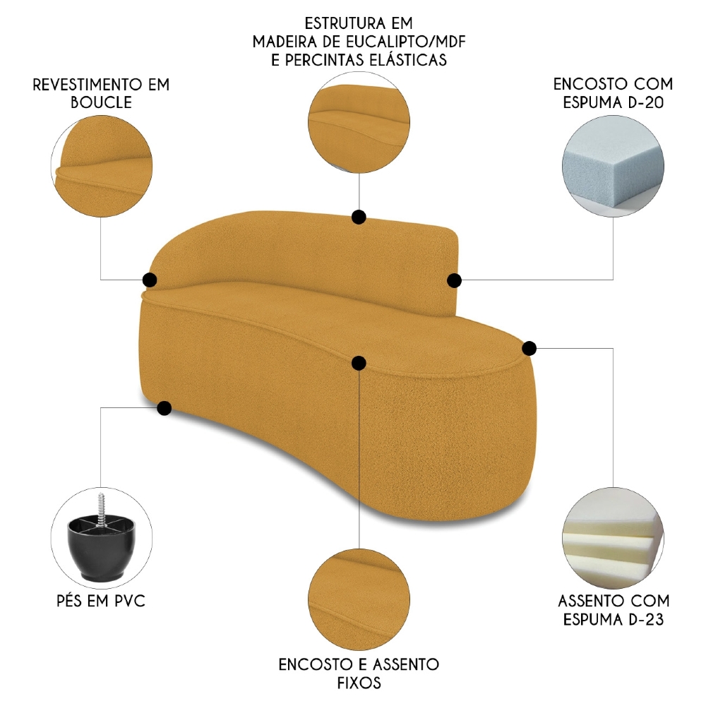 Sofá 3 Lugares Para Sala 180cm Orgânico Wendi Boucle Mostarda I01  - Mpozenato