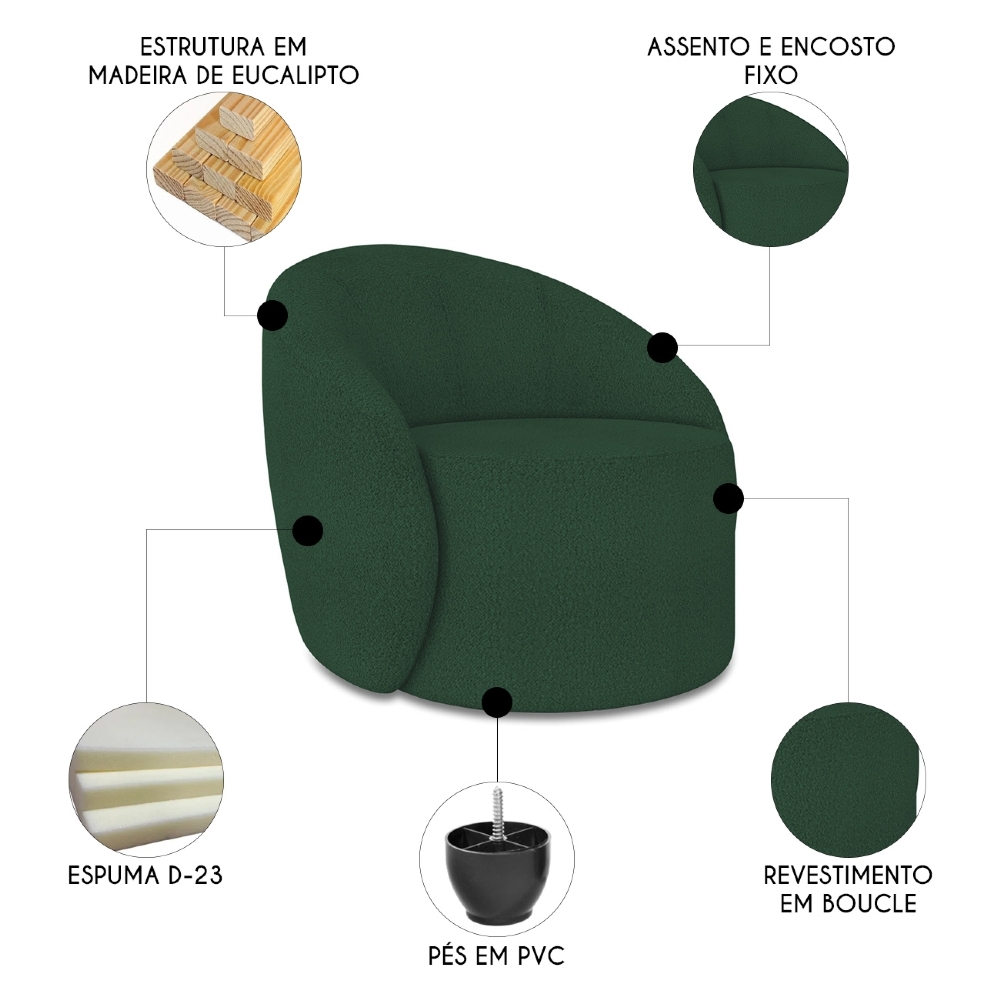 Sofá 4 Lugares 220cm Wendi e Poltrona Steve Boucle Verde I01  - Mpozenato