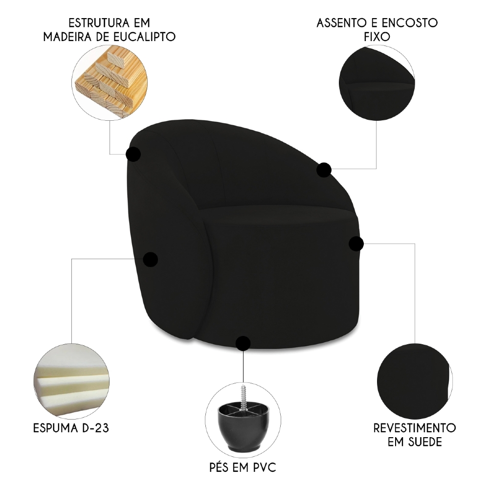 Sofá 4 Lugares 220cm Wendi e Poltrona Steve Suede Preto I01  - Mpozenato