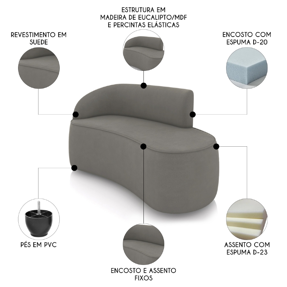 Sofá 2 Lugares Para Sala 140cm Orgânico Wendi Suede Grafite I01  - Mpozenato