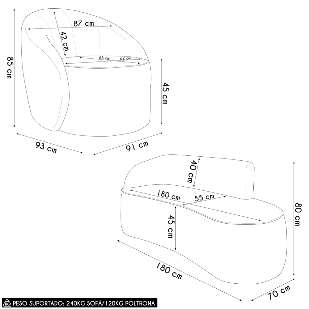 Sofá 3 Lugares 180cm Wendi e Poltrona Steve Suede Cinza I01  - Mpozenato