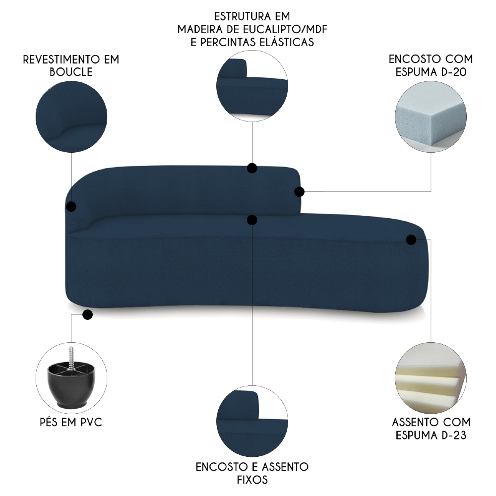 Sofá 4 Lugares Para Sala 220cm Orgânico Wendi Boucle Azul I01  - Mpozenato