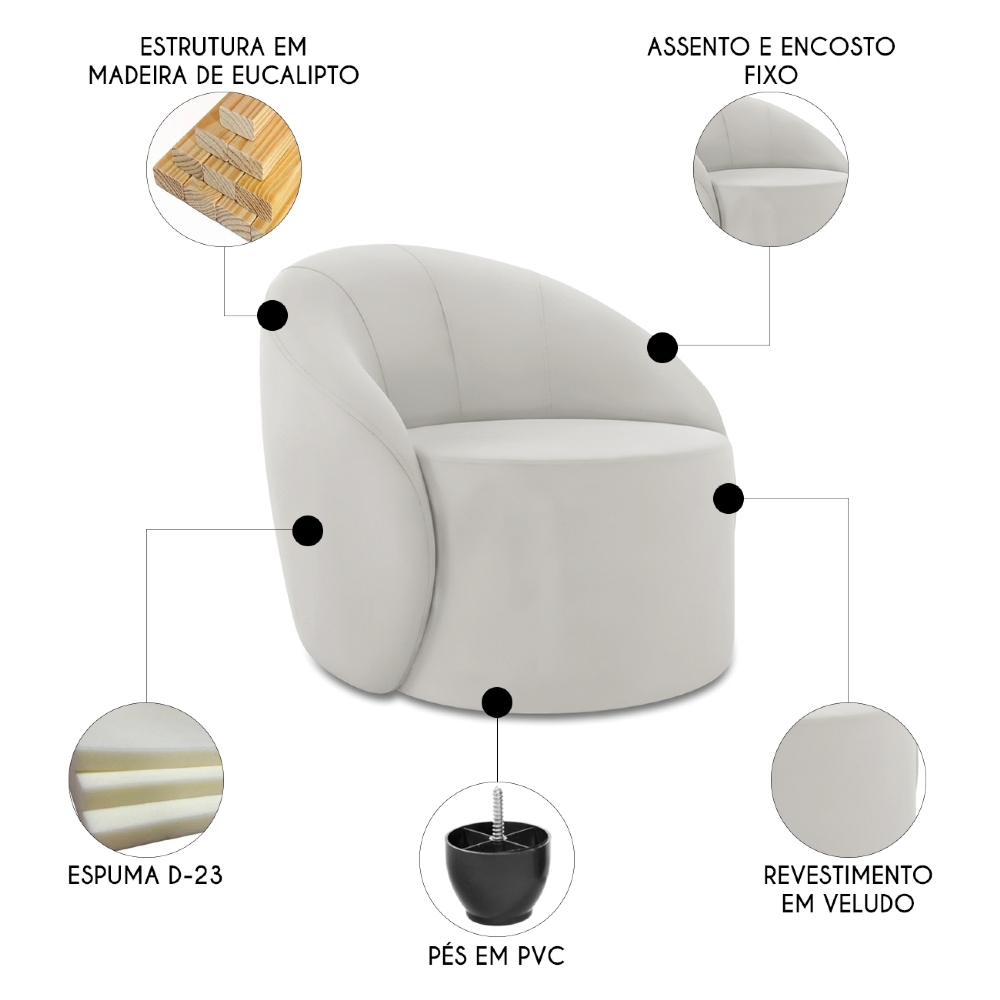 Sofá 4 Lugares 220cm Wendi e Poltrona Steve Veludo Cinza I01  - Mpozenato