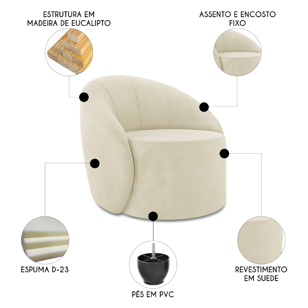 Sofá 4 Lugares 220cm Wendi e Poltrona Steve Suede Bege I01  - Mpozenato