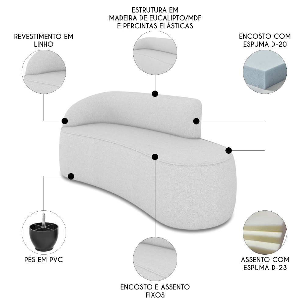 Sofá 3 Lugares Para Sala 180cm Orgânico Wendi Linho Cinza I01  - Mpozenato