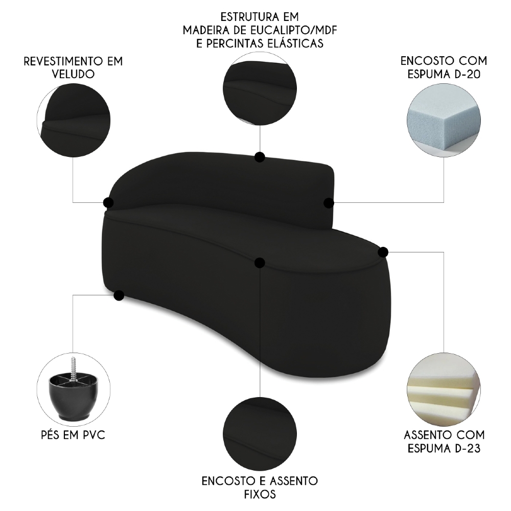 Sofá 3 Lugares Para Sala 180cm Orgânico Wendi Veludo Preto I01  - Mpozenato