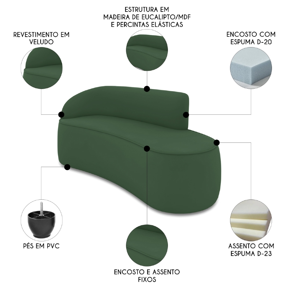 Sofá 3 Lugares Para Sala 180cm Orgânico Wendi Veludo Verde I01  - Mpozenato