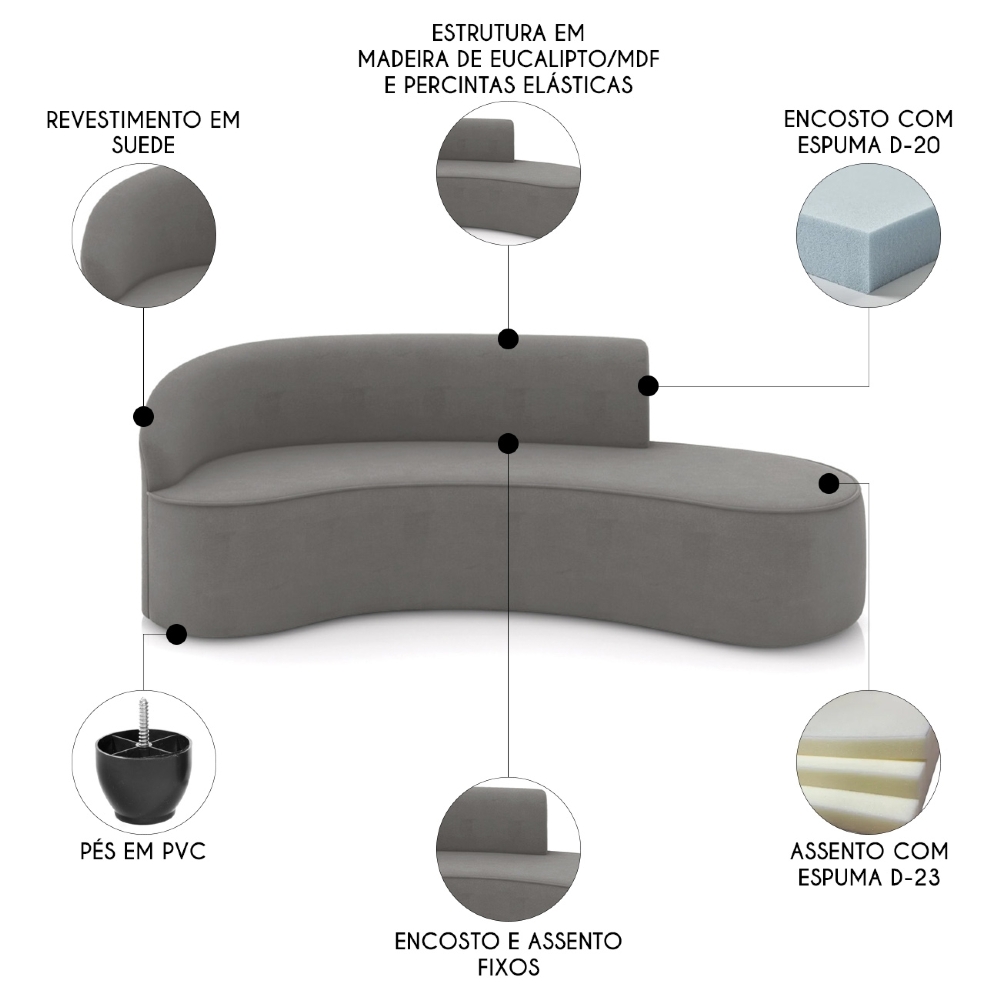 Sofá 4 Lugares Para Sala 220cm Orgânico Wendi Suede Grafite I01  - Mpozenato