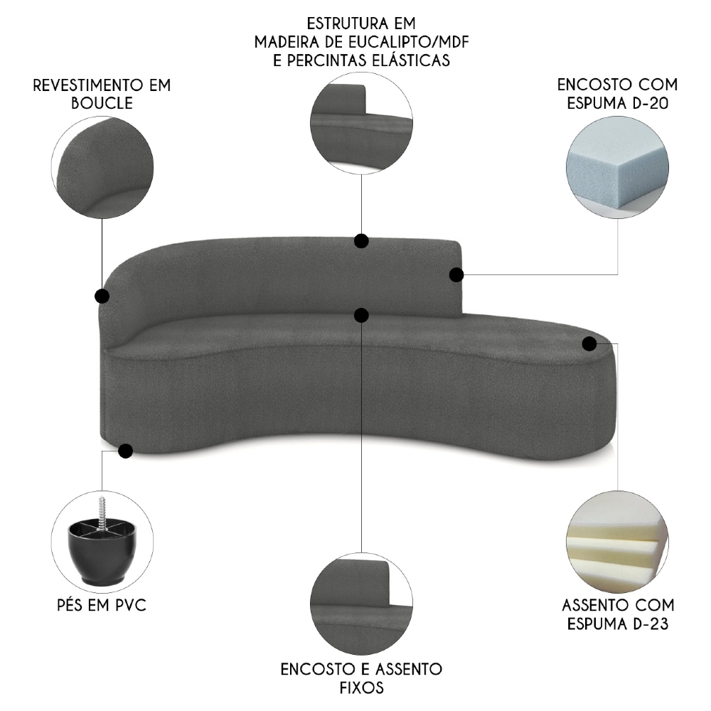 Sofá 4 Lugares Para Sala 220cm Orgânico Wendi Boucle Grafite I01  - Mpozenato