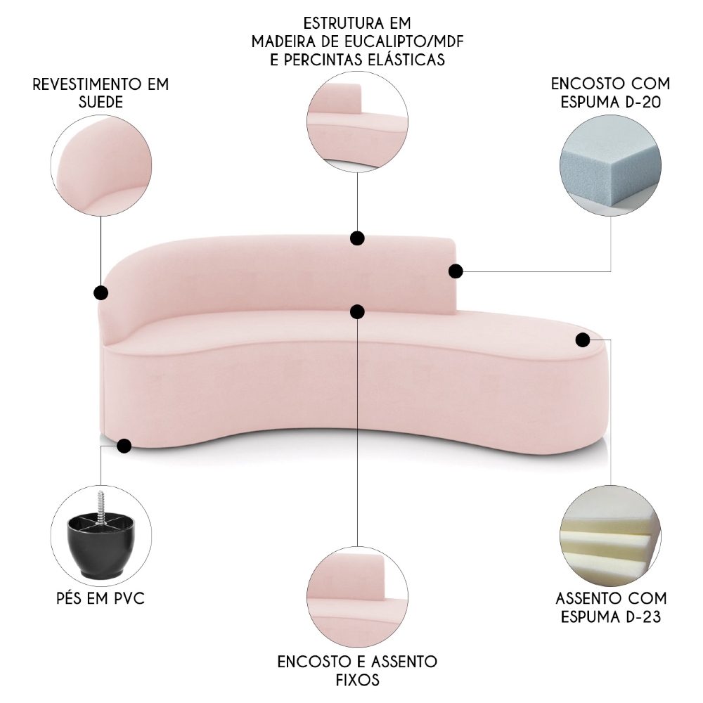 Sofá 4 Lugares Para Sala 220cm Orgânico Wendi Suede Rosa Bebê I01  - Mpozenato