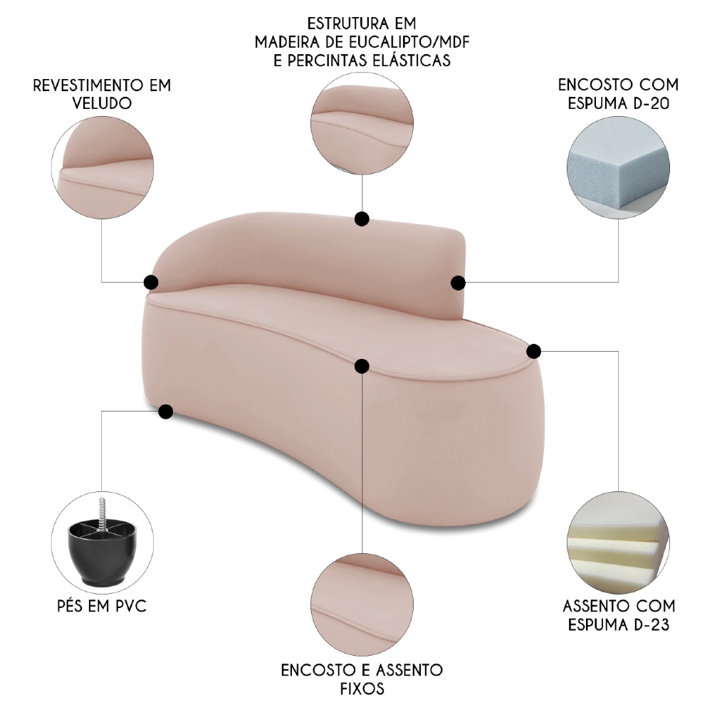 Sofá 3 Lugares Para Sala 180cm Orgânico Wendi Veludo Rose I01  - Mpozenato