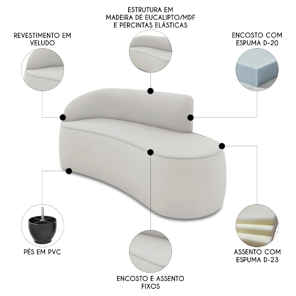 Sofá 3 Lugares Para Sala 180cm Orgânico Wendi Veludo Cinza I01  - Mpozenato