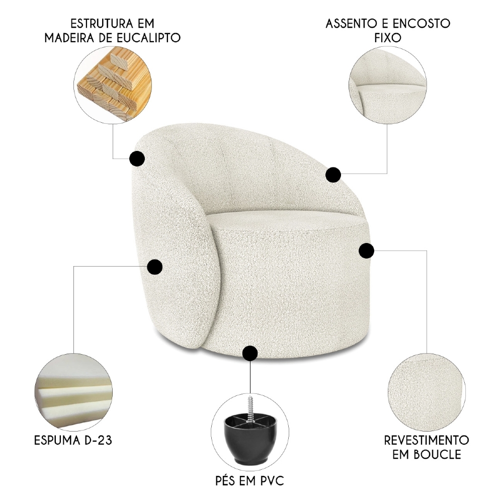 Sofá 4 Lugares 220cm Wendi e Poltrona Steve Boucle Off White I01  - Mpozenato