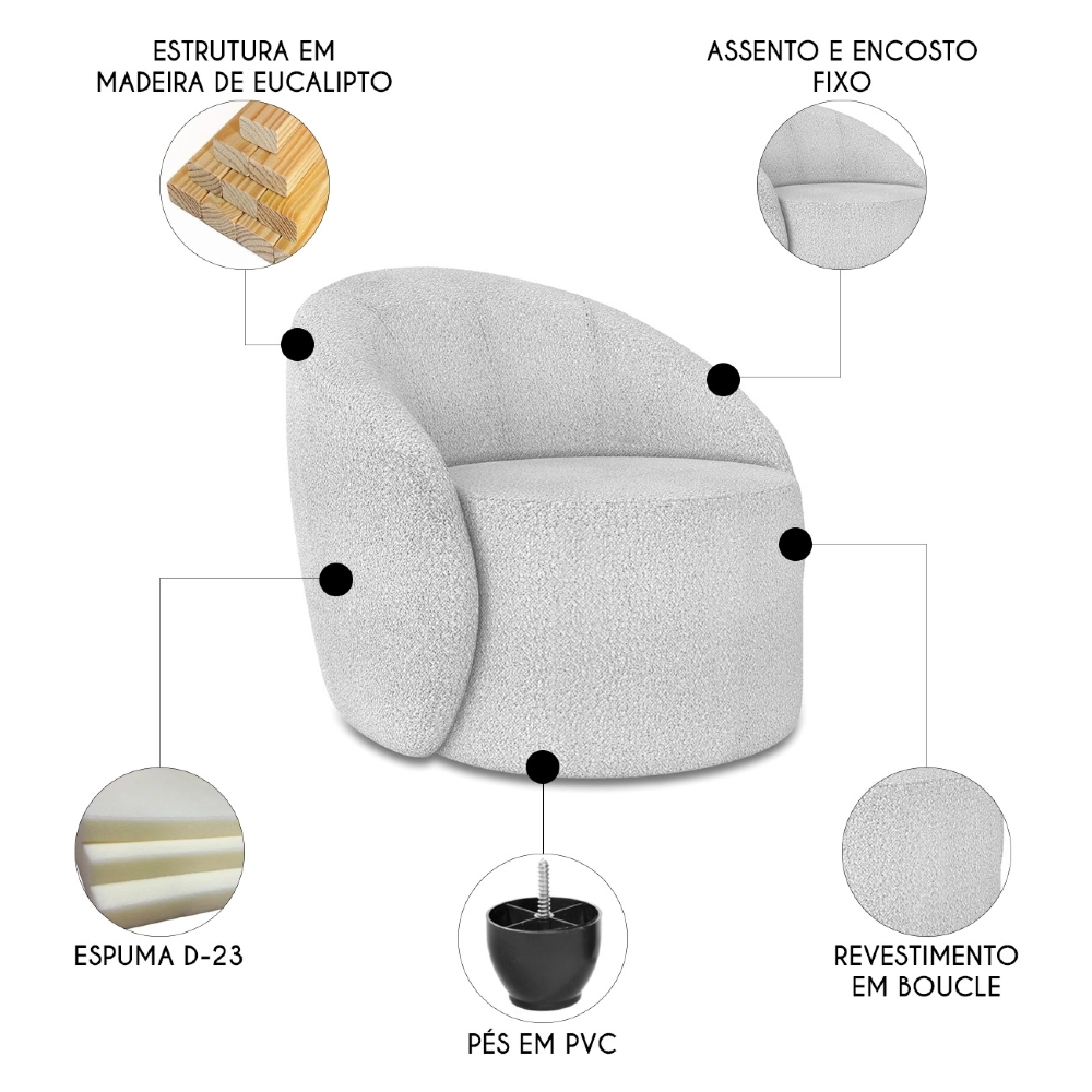 Sofá 2 Lugares 140cm Wendi e Poltrona Steve Boucle Cinza I01  - Mpozenato