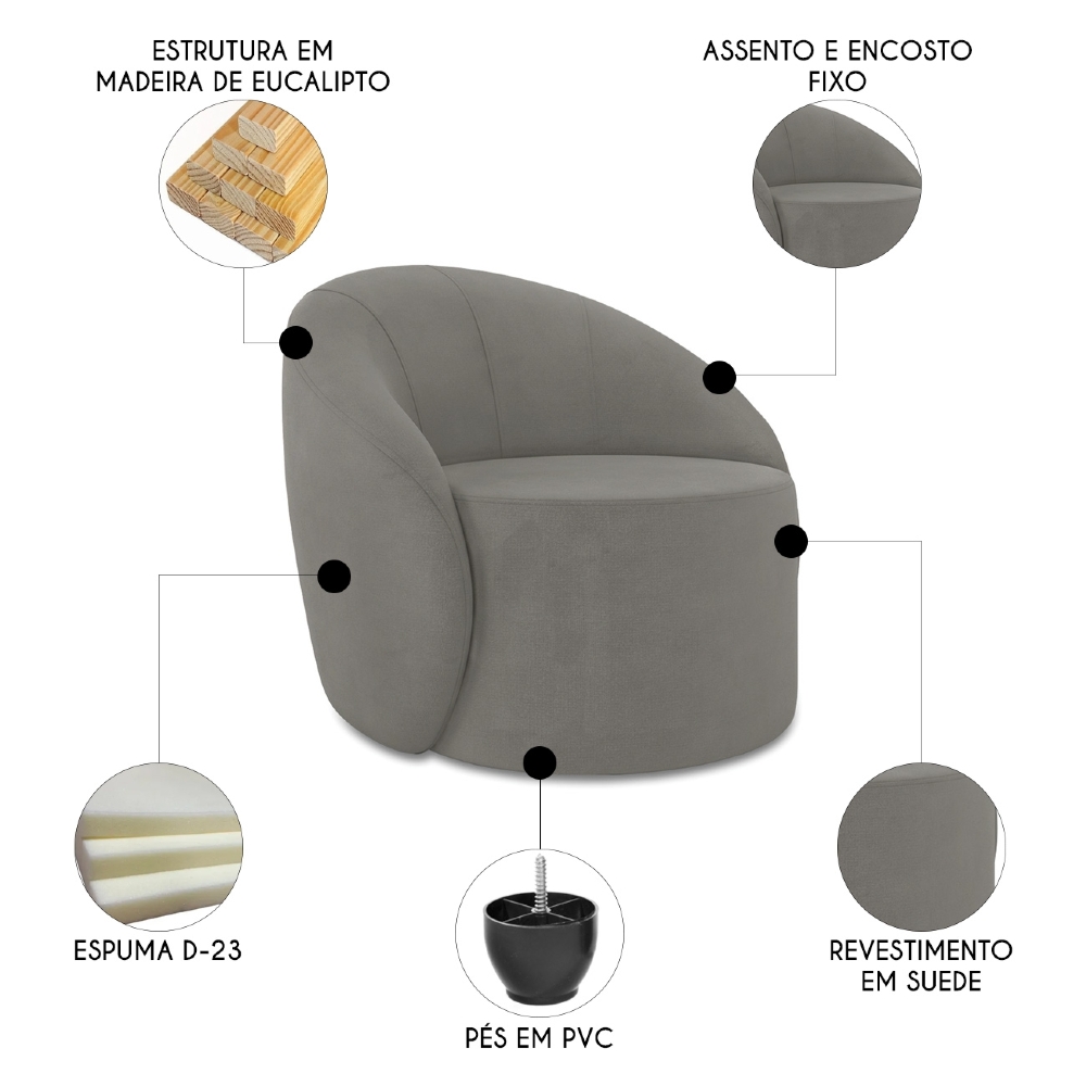 Sofá 2 Lugares 140cm Wendi e Poltrona Steve Suede Grafite I01  - Mpozenato