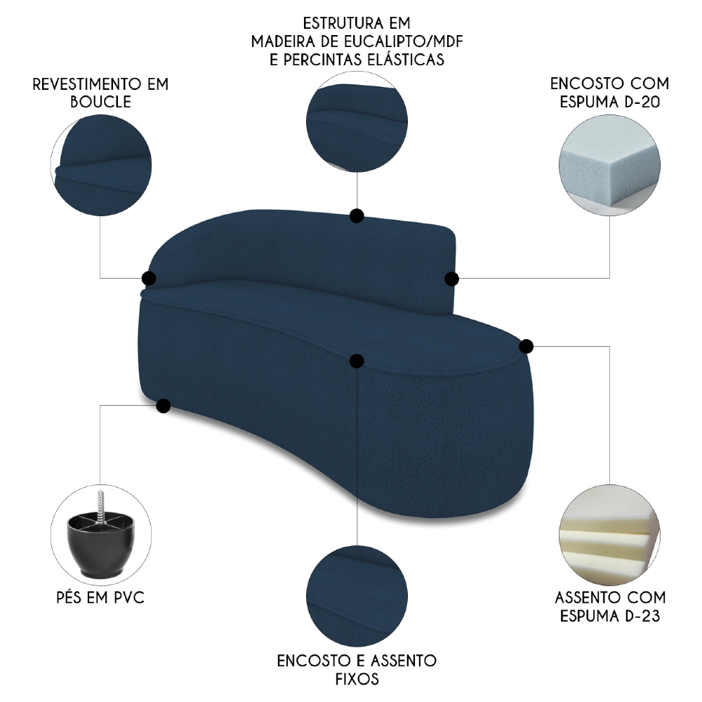 Sofá 3 Lugares Para Sala 180cm Orgânico Wendi Boucle Azul I01  - Mpozenato