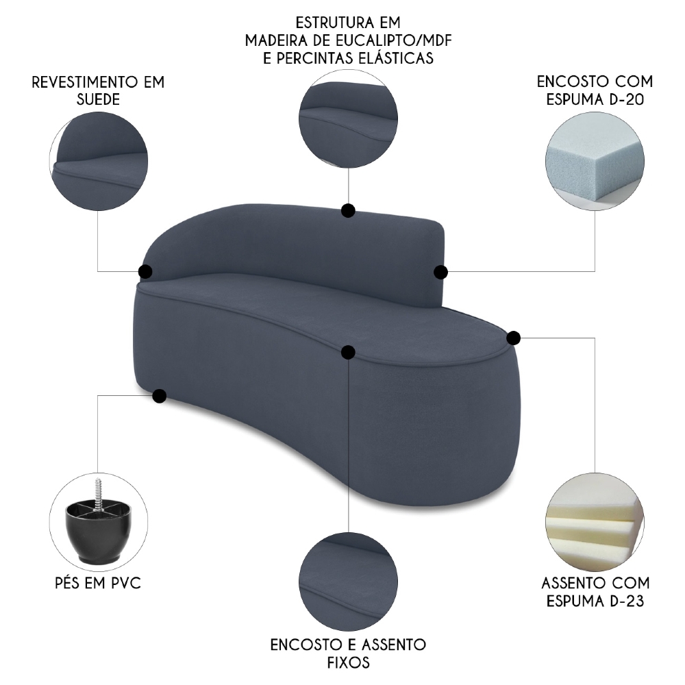 Sofá 3 Lugares Para Sala 180cm Orgânico Wendi Suede Azul Marinho I01  - Mpozenato