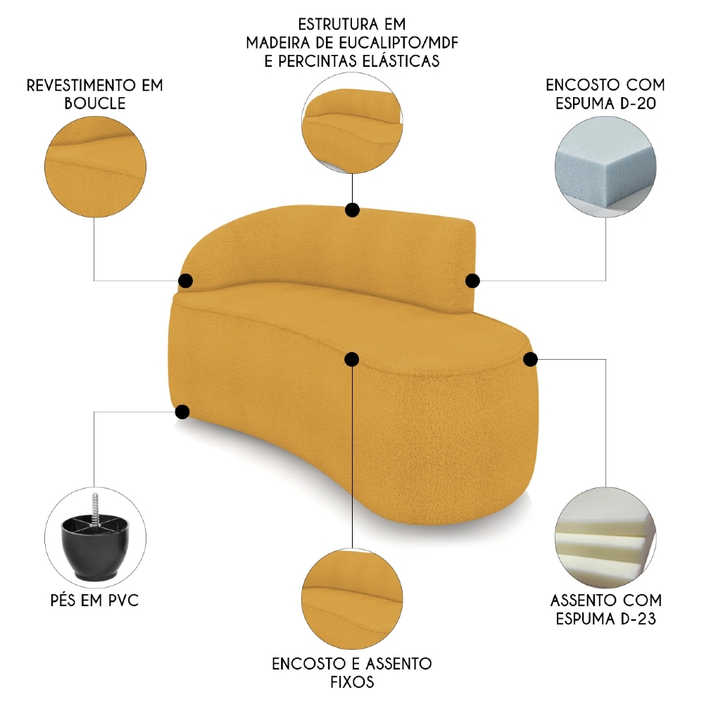 Sofá 2 Lugares Para Sala 140cm Orgânico Wendi Boucle Mostarda I01  - Mpozenato