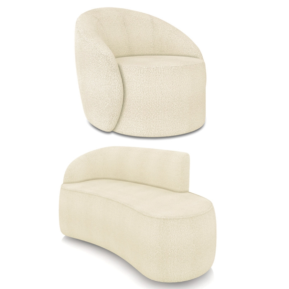 Sofá 2 Lugares 140cm Wendi e Poltrona Steve Boucle Bege I01  - Mpozenato