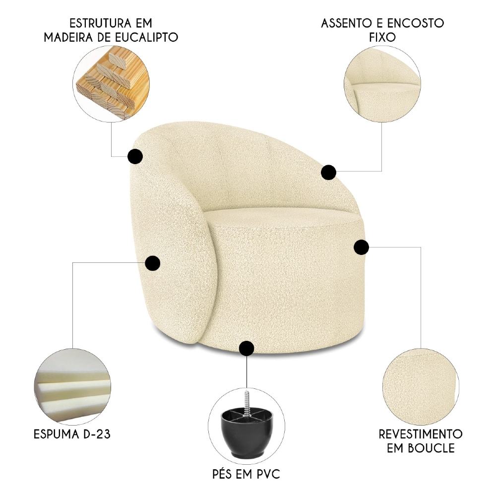 Sofá 2 Lugares 140cm Wendi e Poltrona Steve Boucle Bege I01  - Mpozenato