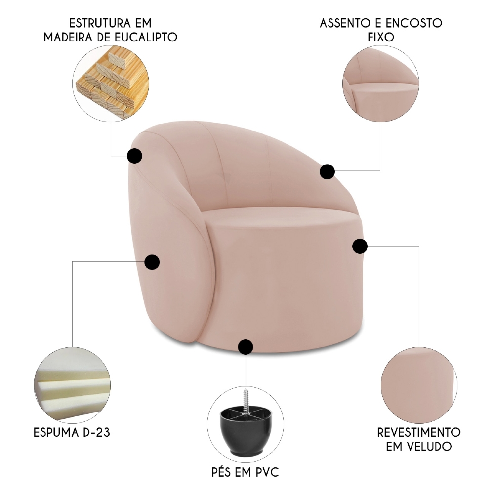 Sofá 2 Lugares 140cm Wendi e Poltrona Steve Veludo Rose I01  - Mpozenato