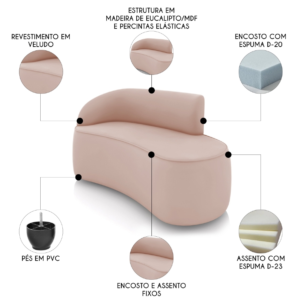 Sofá 2 Lugares Para Sala 140cm Orgânico Wendi Veludo Rose I01  - Mpozenato