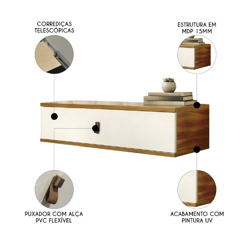 Penteadeira Suspensa 90cm 1 Gaveta Quarto Lila Cinamomo/Branco Z49 - Mpozenato