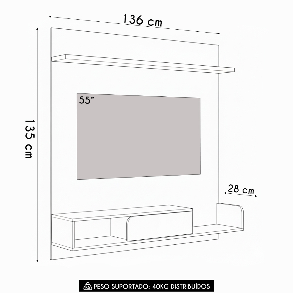 Painel TV 55 Pol 136cm Bancada Suspensa Evo Off/Champanhe - HB Móveis