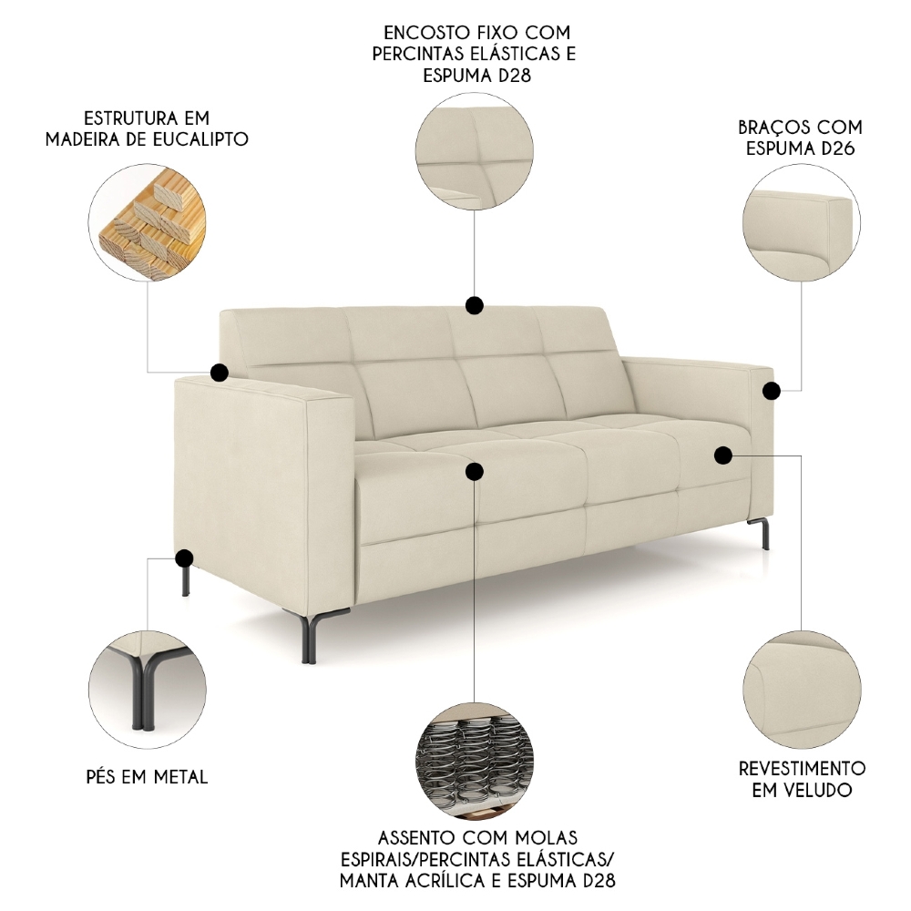 Sofá 2 Lugares 160cm Pés Metálicos Sallin Veludo Bege Z08   - Mpozenato