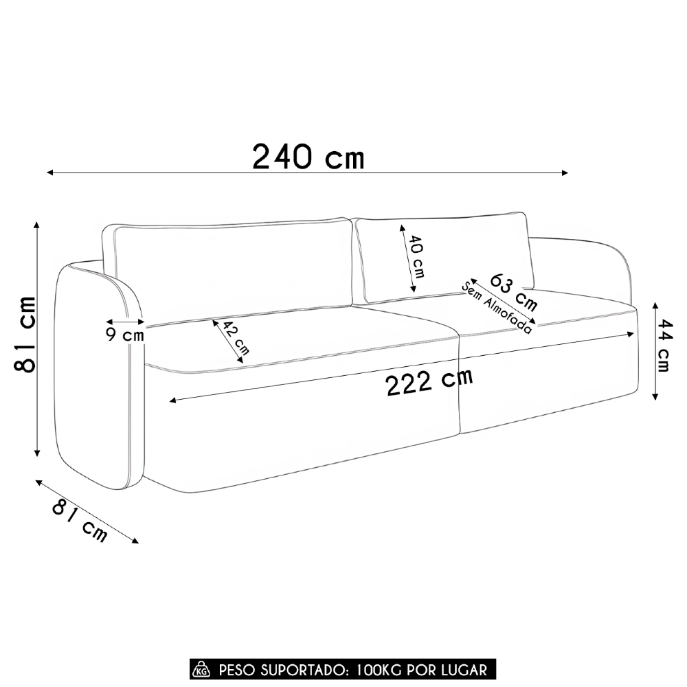 Sofá 3 Lugares 240cm Sala de Estar Karib Veludo Bege Z08    - Mpozenato