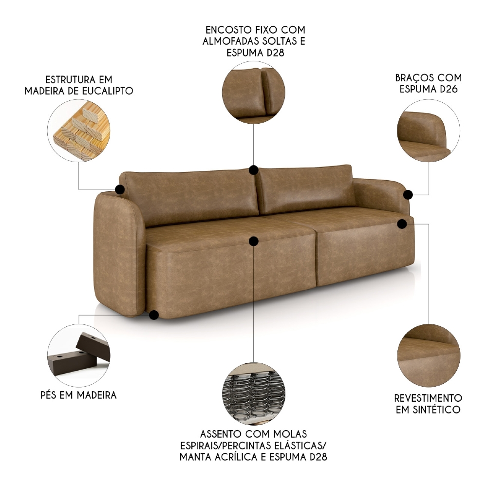 Sofá 3 Lugares 240cm Sala de Estar Karib Sintético Camel Z08 - Mpozenato