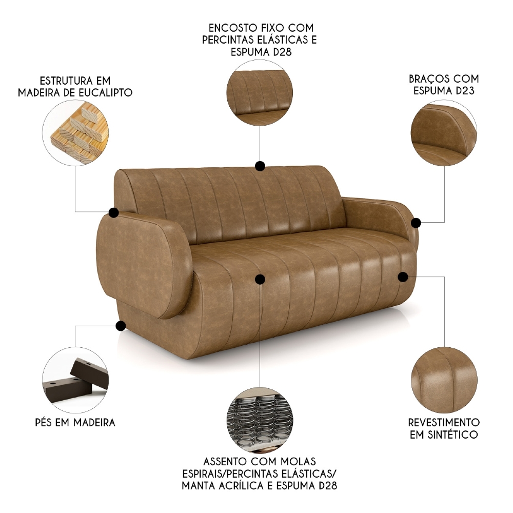 Sofá 2 Lugares 148cm Sala de Estar Munik Sintético Camel Z08 - Mpozenato