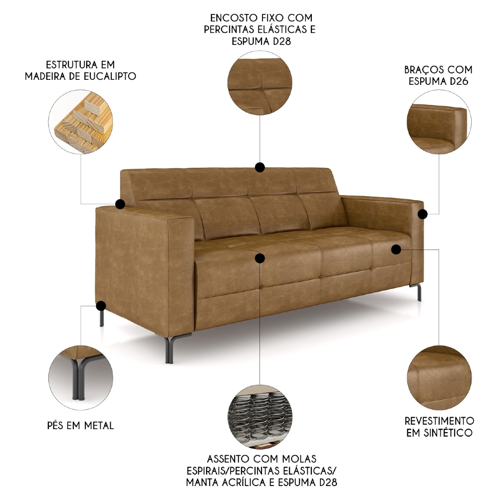 Sofá 2 Lugares 180cm Pés Metálicos Sallin Sintético Camel Z08 - Mpozenato