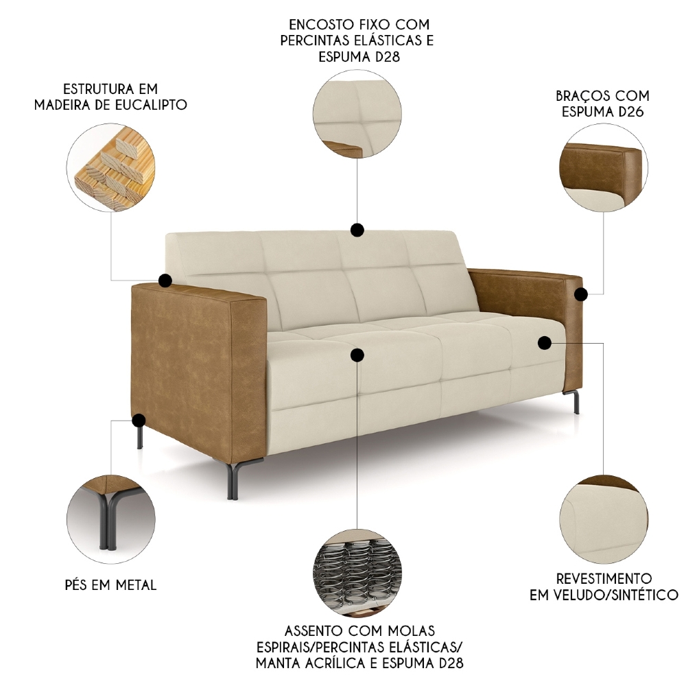 Sofá 2 Lugares 180cm Pés Metálicos Sallin Veludo Bege/Camel Z08 - Mpozenato